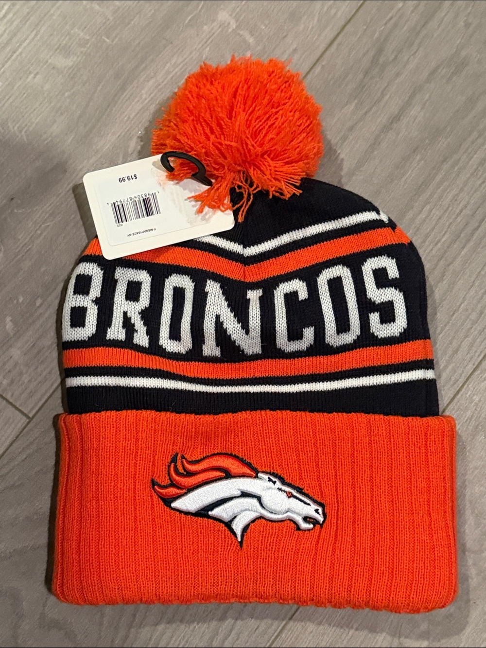 NFL team headwear Orange and Navy Broncos Pom Knit Logo Beanie